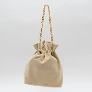 Bolso Bombonera de Fiesta en Antelina Beige con Asa de Cadena
